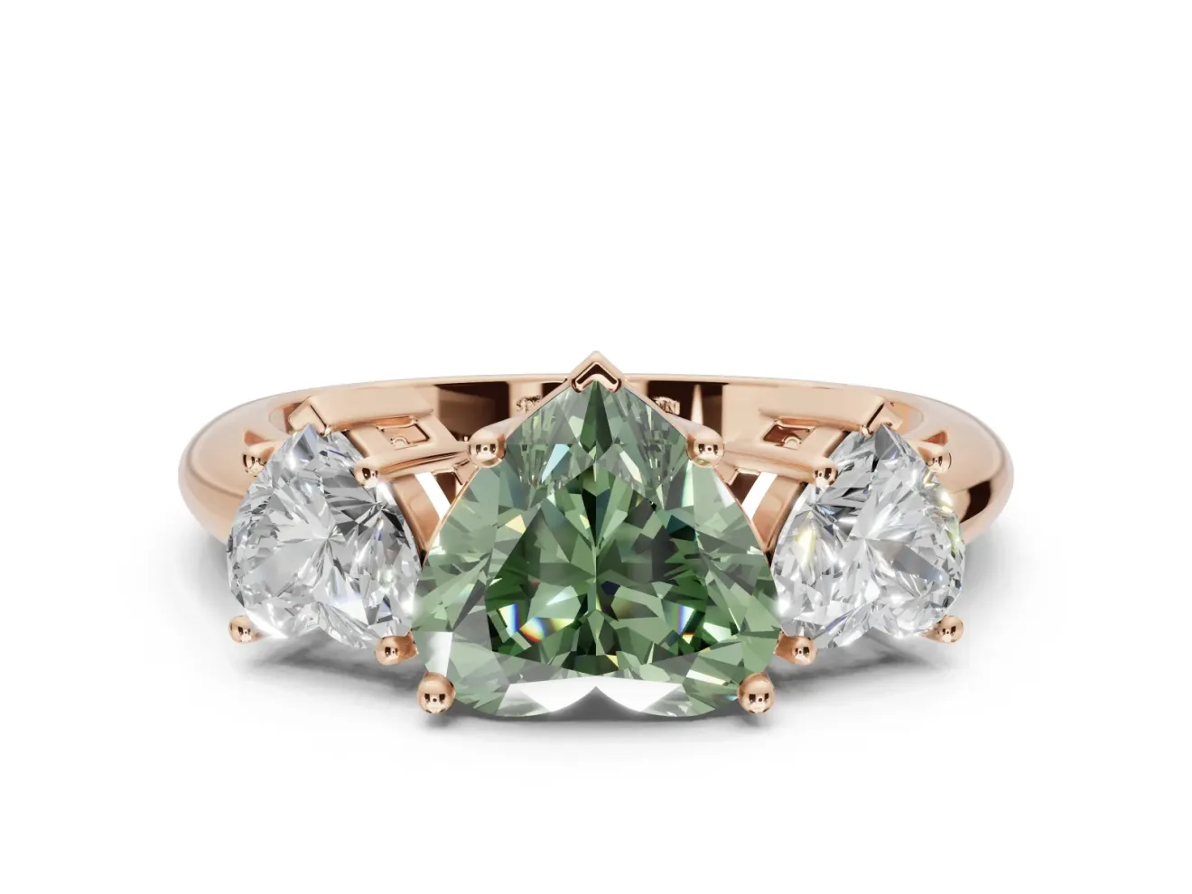 Heart-Shaped Three Stone Engagement Ring Setting for a Fancy Green Lab-Grown Diamond | Plain Band | Rose Gold