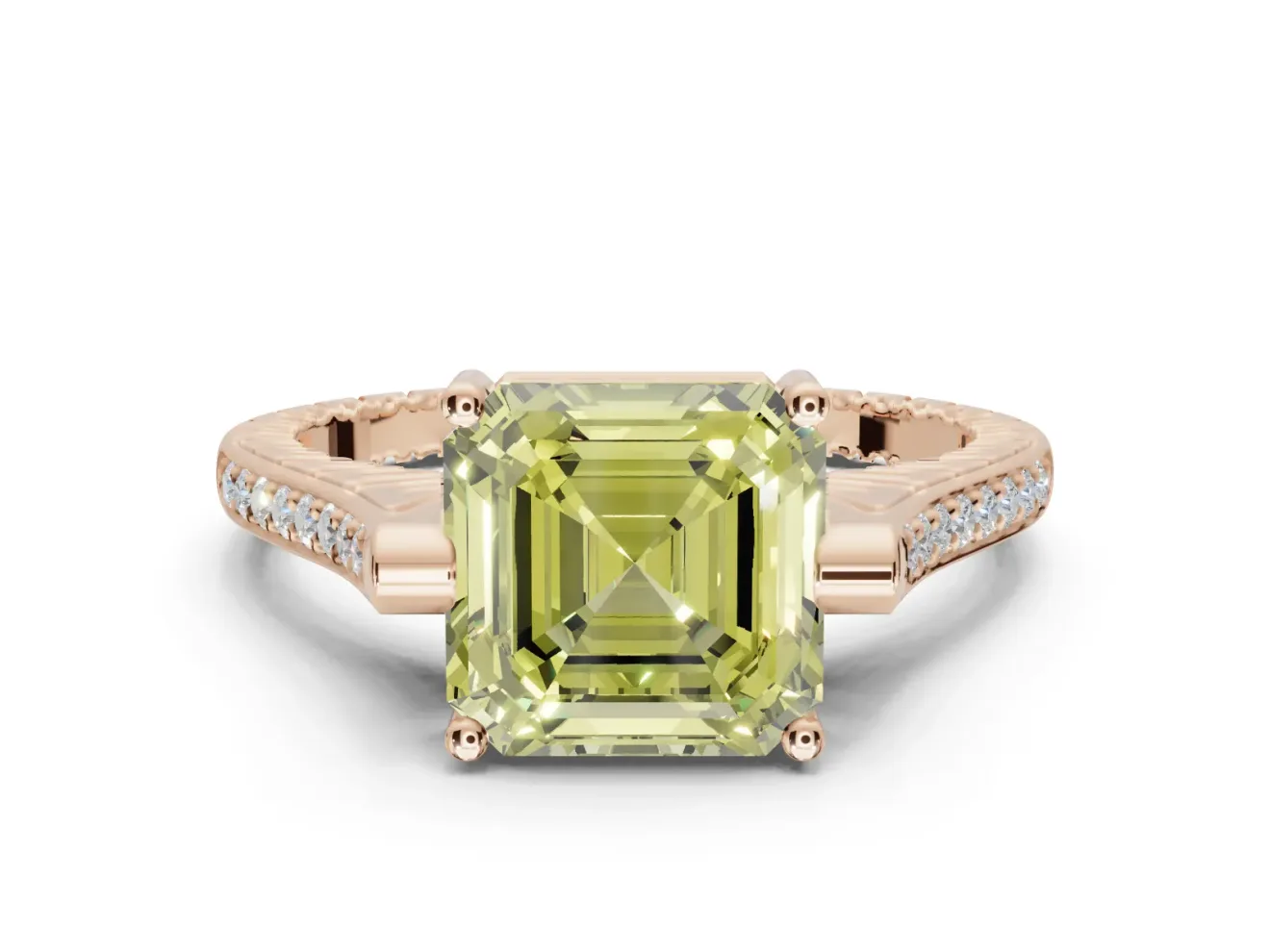 Asscher Cut Vintage Cathedral Engagement Ring Setting for a Fancy Yellow Lab-Grown Diamond | Carved Band | Rose Gold