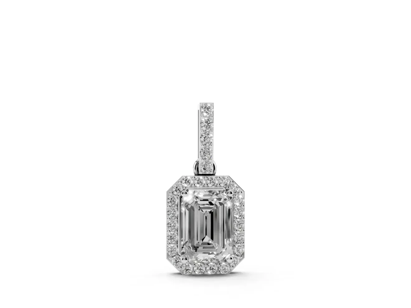 Emerald Cut Diamond Halo Pendant Set in Silver with Prong-Set Center