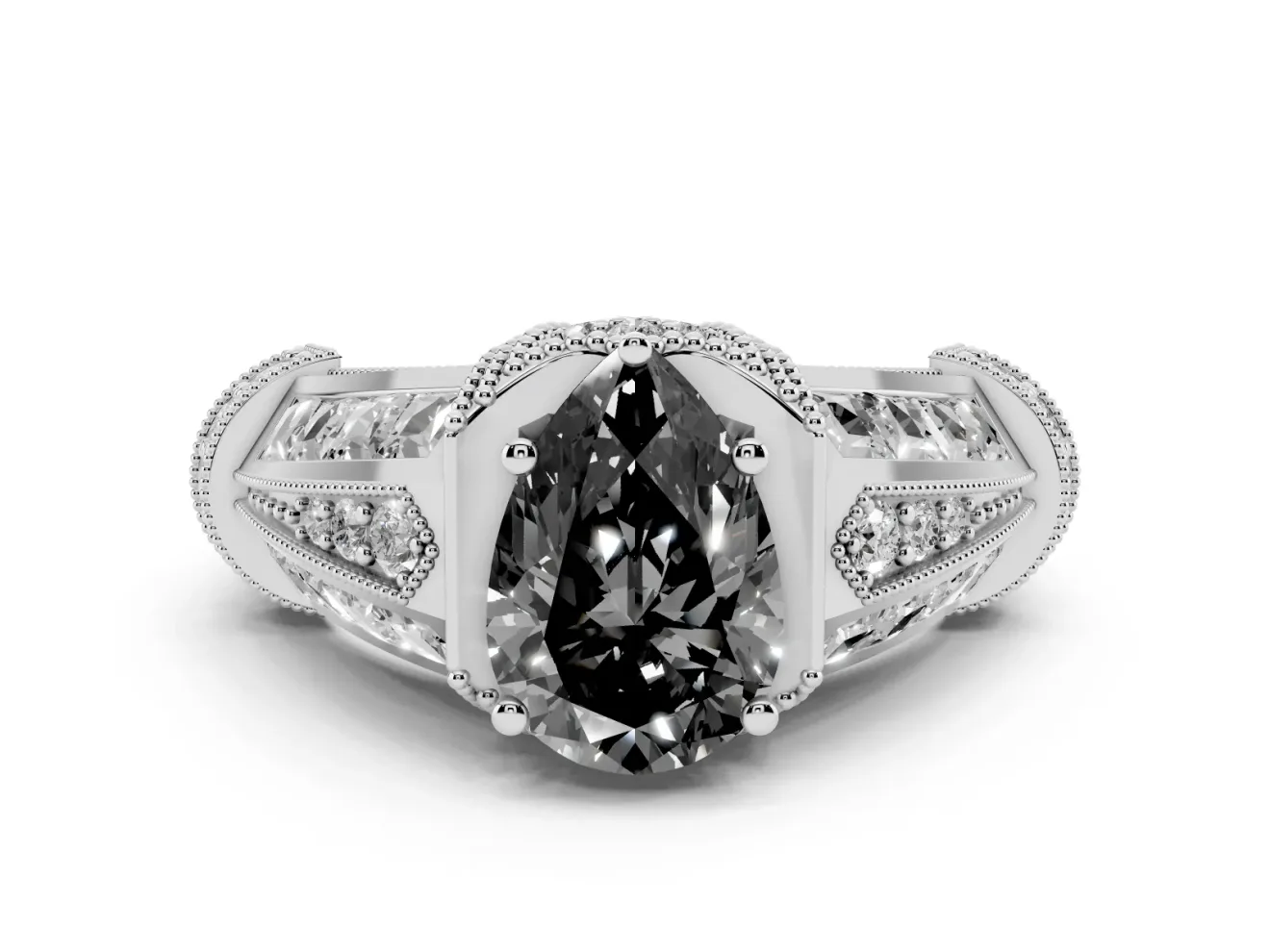 Pear-Shaped Vintage Milgrain Engagement Ring Setting for a Black Center | Hidden Halo | White Gold