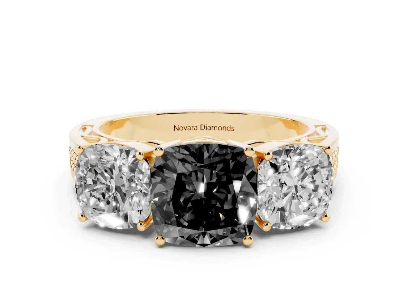 Cushion Cut Three Stone Engagement Ring Setting for a Black Center | Beaded Shoulders | Yellow Gold