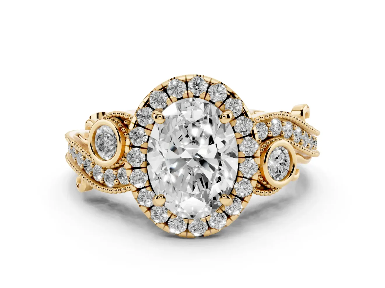 Oval Cut Diamond Halo Ring Set in Yellow gold with Milgrain Pavé Band and Prong Setting