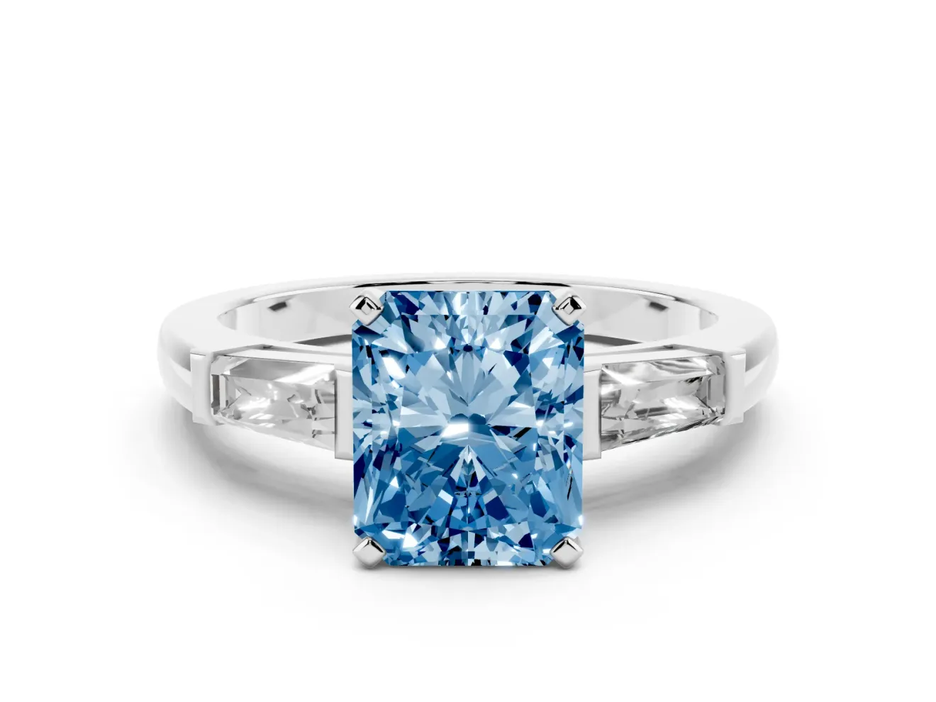 Fancy Blue Radiant Cut Diamond Solitaire Ring Set in Silver with Tapered Baguette Side Stones and Prong Setting