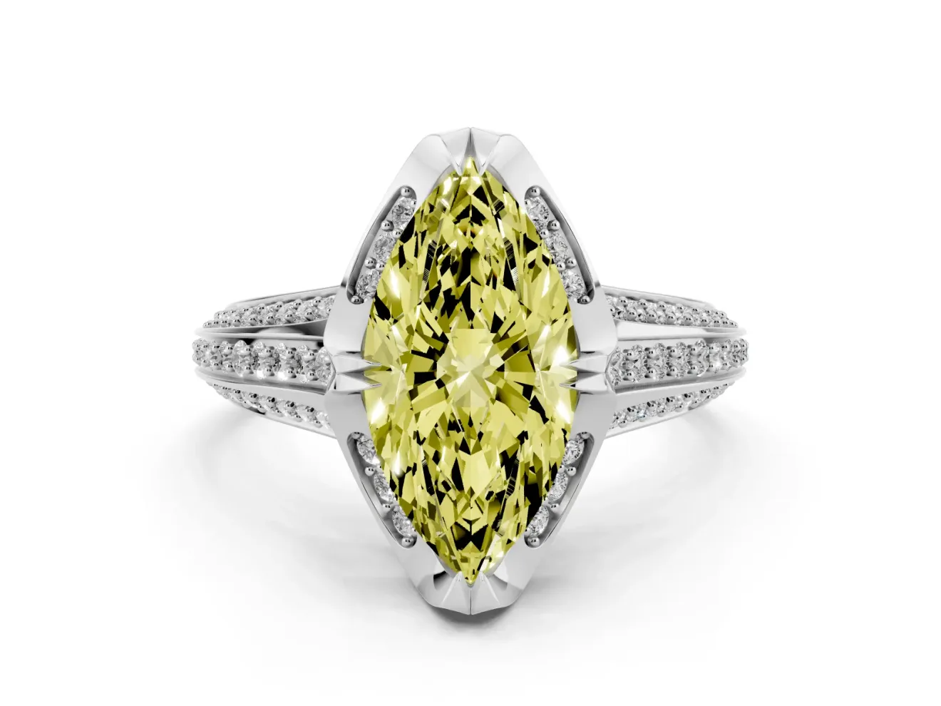 Marquise Hidden Halo Engagement Ring Setting for a Fancy Yellow Lab-Grown Diamond | Triple Row Pavé Band | Platinum