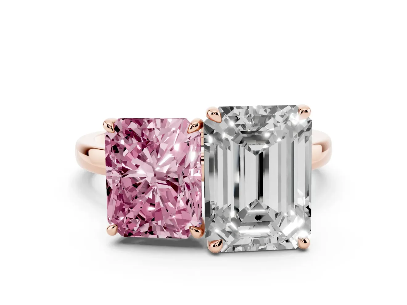 Fancy Pink Radiant Cut and Emerald Cut Toi Moi Ring Set in Rose gold with Prong Setting