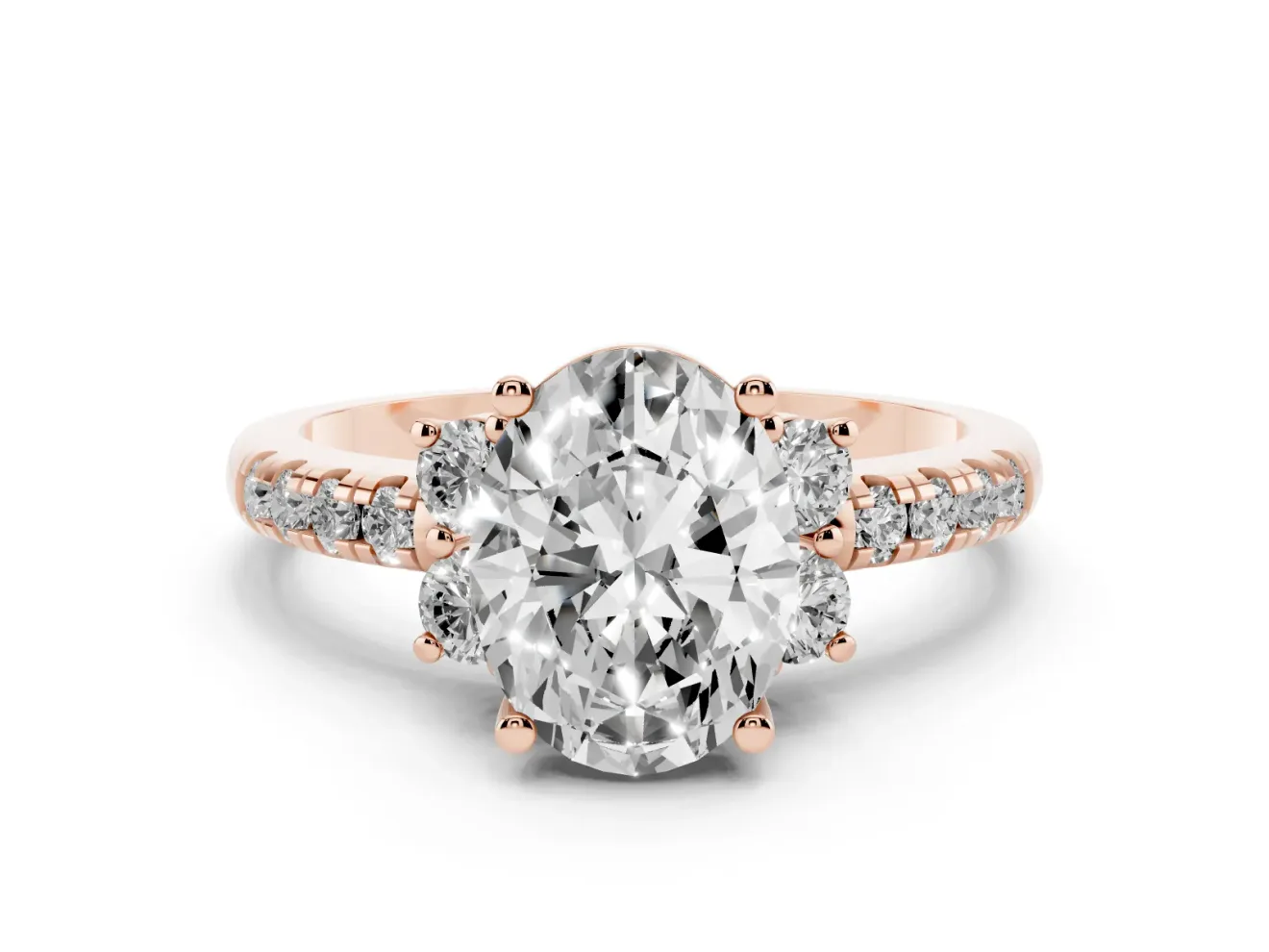 Oval Side Stone Pave Engagement Ring Setting | Paired Round Accents | Rose Gold
