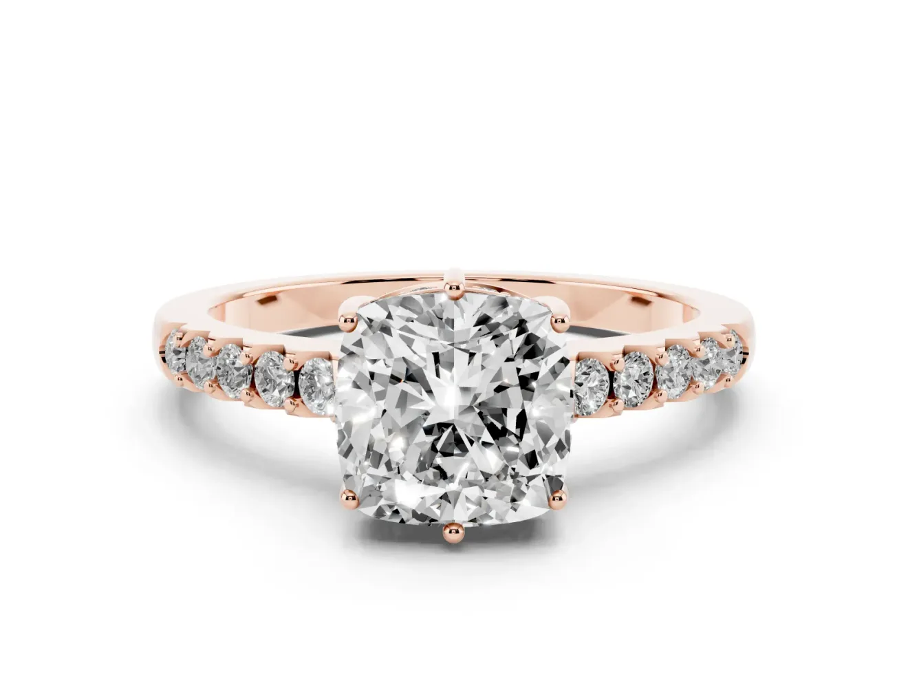 Cushion Cut Hidden Halo Solitaire Engagement Ring Setting | Shared Prong Band | Rose Gold