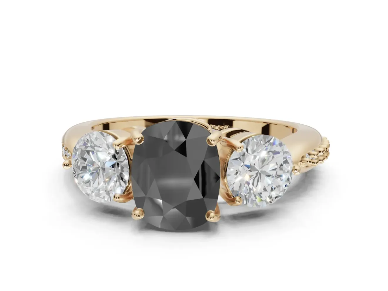 Fancy Black Cushion Cut Lab-Grown Diamond Three-Stone Ring Set in Yellow Gold with Channel-Set Band and Prong Setting