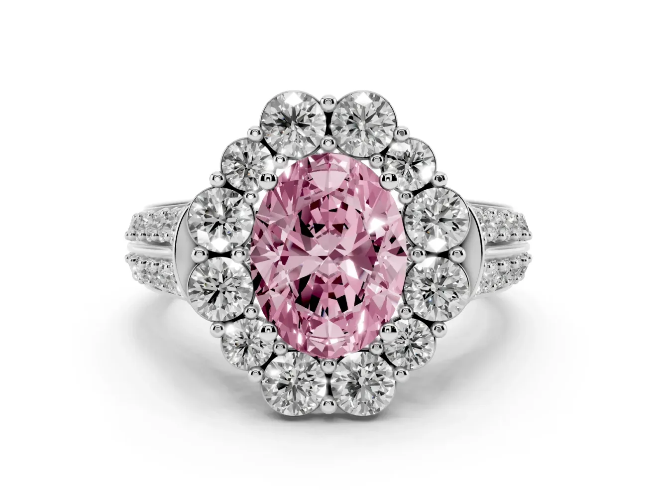 Fancy Pink Oval Cut Diamond Halo Engagement Ring Set in Platinum with Split Shank and Prong Setting