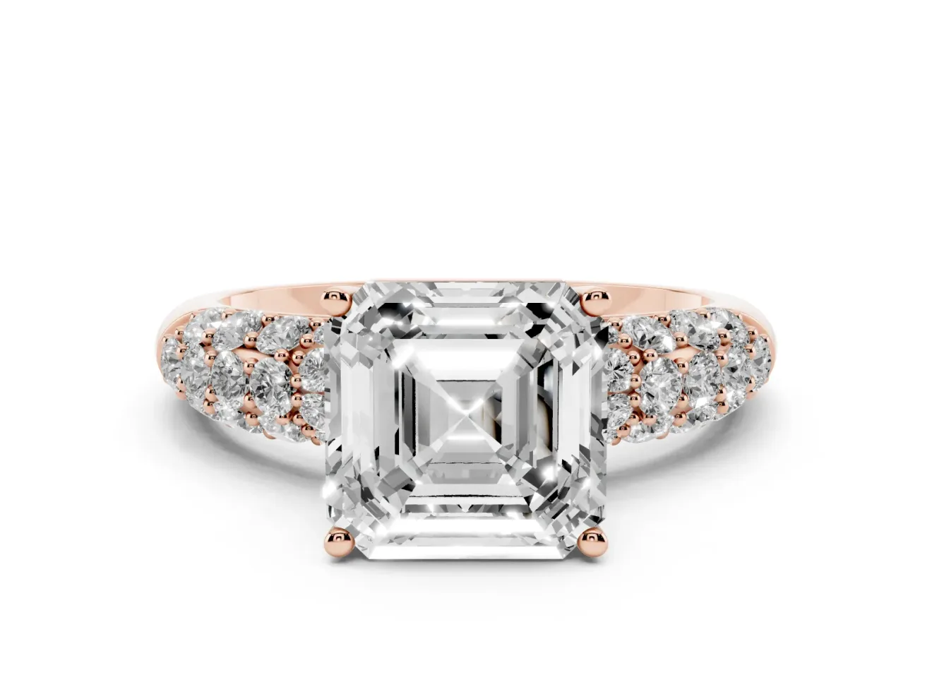 Asscher Cut Multi Row Pave Solitaire Engagement Ring Setting | Domed Shoulders | Rose Gold