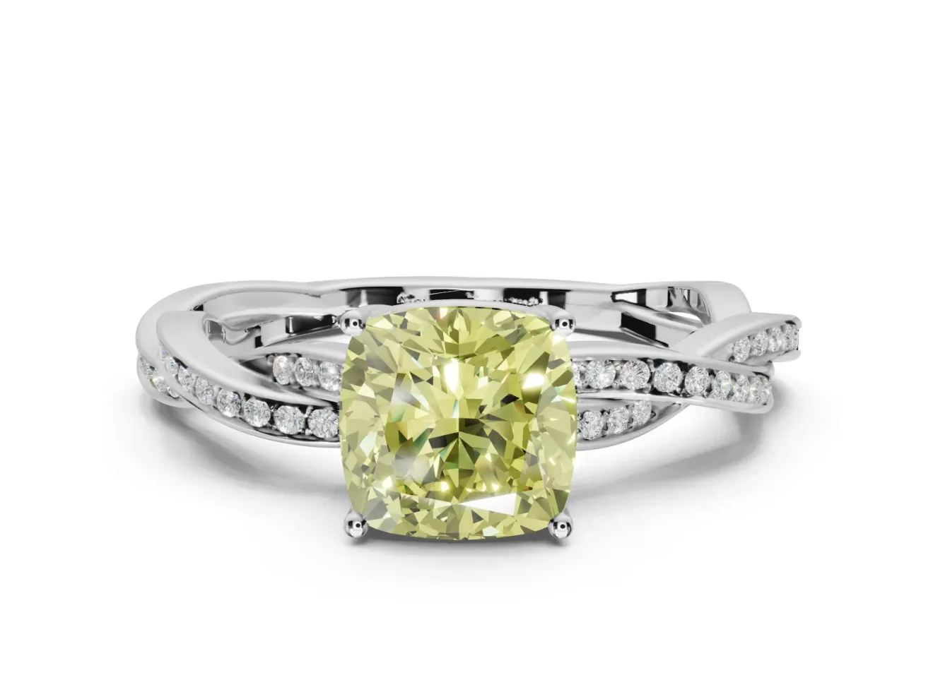 Cushion Cut Twisted Pavé Solitaire Engagement Ring Setting for a Fancy Yellow Lab-Grown Diamond | White Gold