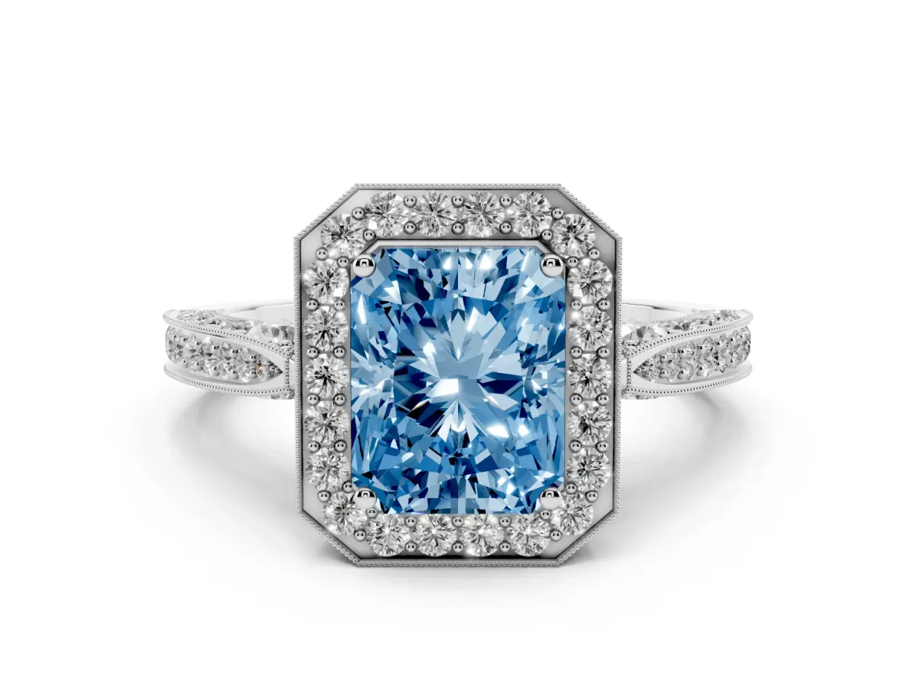 Radiant Cut Milgrain Halo Engagement Ring Setting for a Fancy Blue Lab-Grown Diamond | Side Stones | Sterling Silver