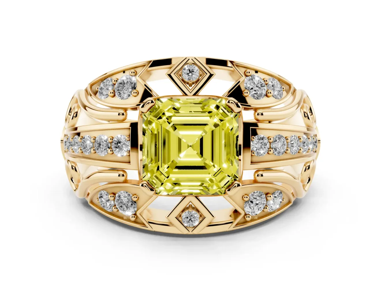 Asscher Cut Art Deco Engagement Ring Setting for a Fancy Yellow Lab-Grown Diamond | Yellow Gold