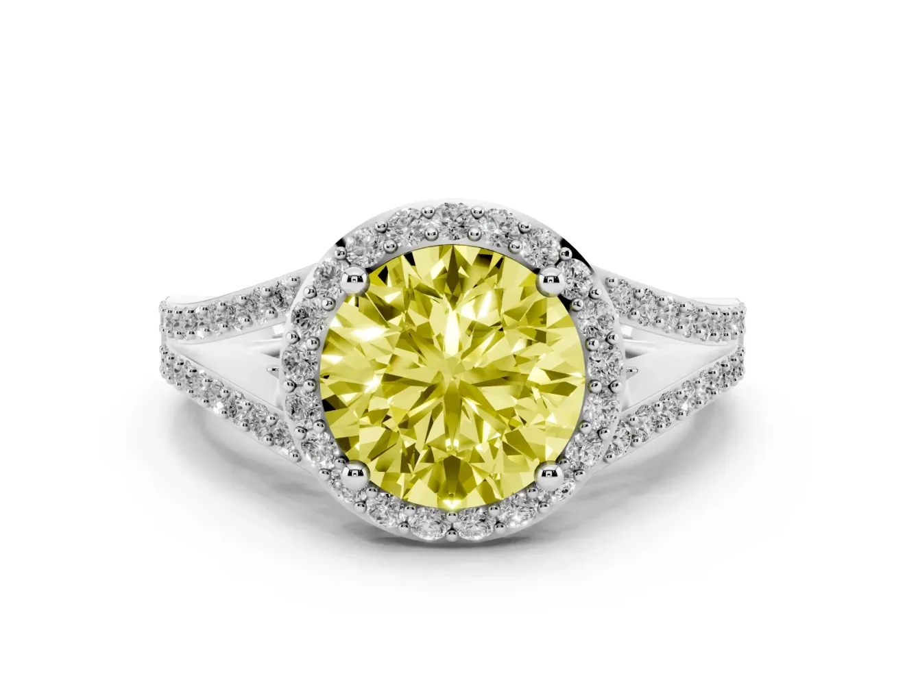 Round Halo Engagement Ring Setting for a Fancy Yellow Lab-Grown Diamond | Pave Split Shank | Platinum