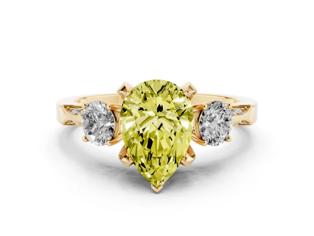 Pear-Shaped Hidden Halo Three Stone Engagement Ring Setting for a Fancy Yellow Lab-Grown Diamond | Yellow Gold