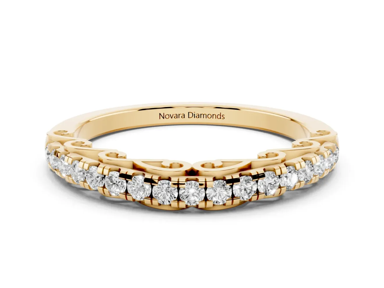 Round Lab-Grown Diamond Shared Prong Half Eternity Wedding Band | Scroll Gallery | Yellow Gold