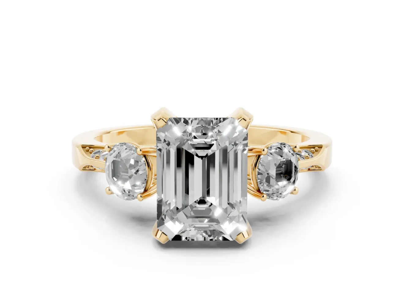 Emerald Cut Hidden Halo Three Stone Engagement Ring Setting | Pave Gallery | Yellow Gold
