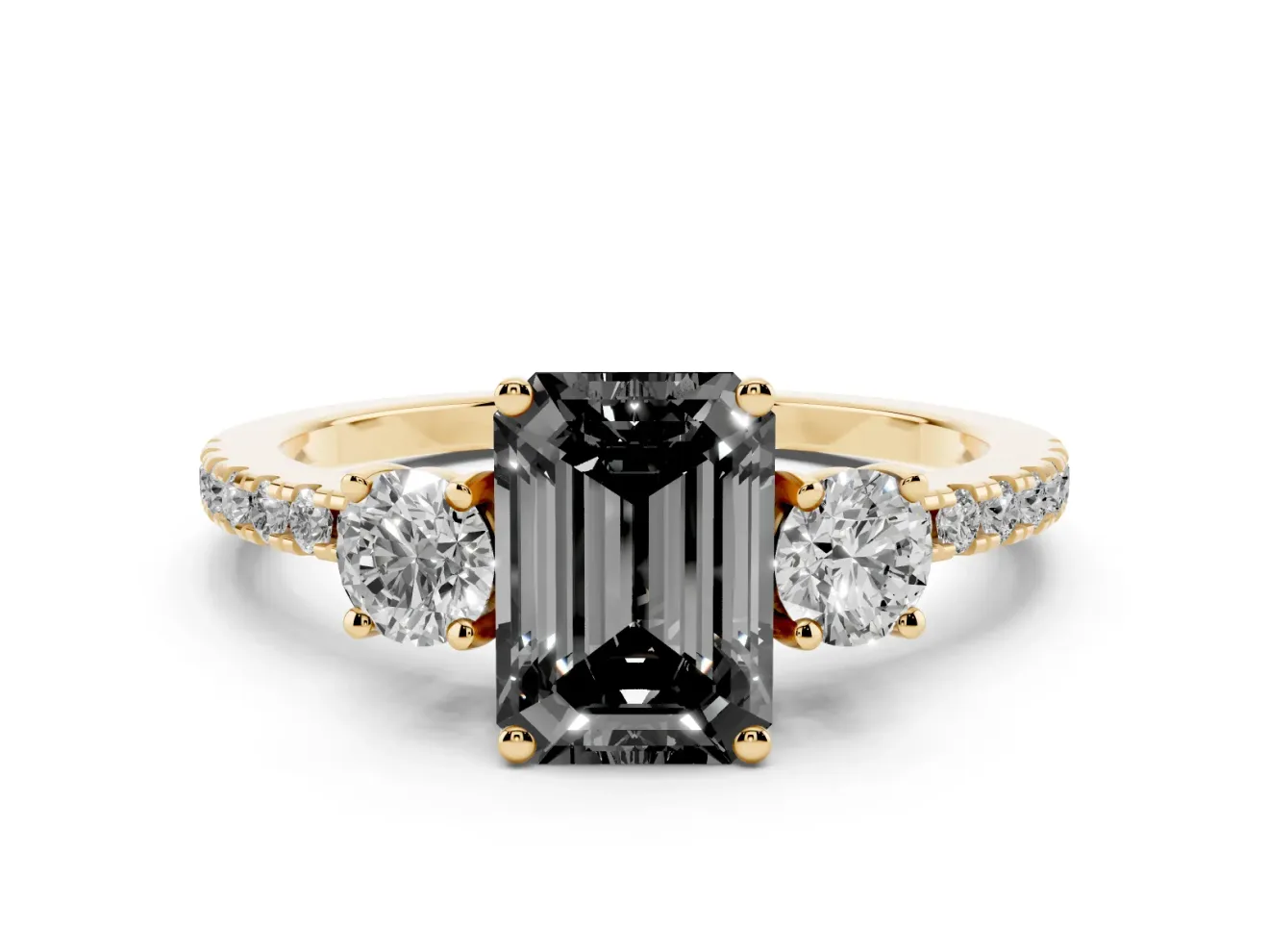 Emerald Cut Three Stone Engagement Ring Setting for a Black Center | Pavé Shoulders | Yellow Gold