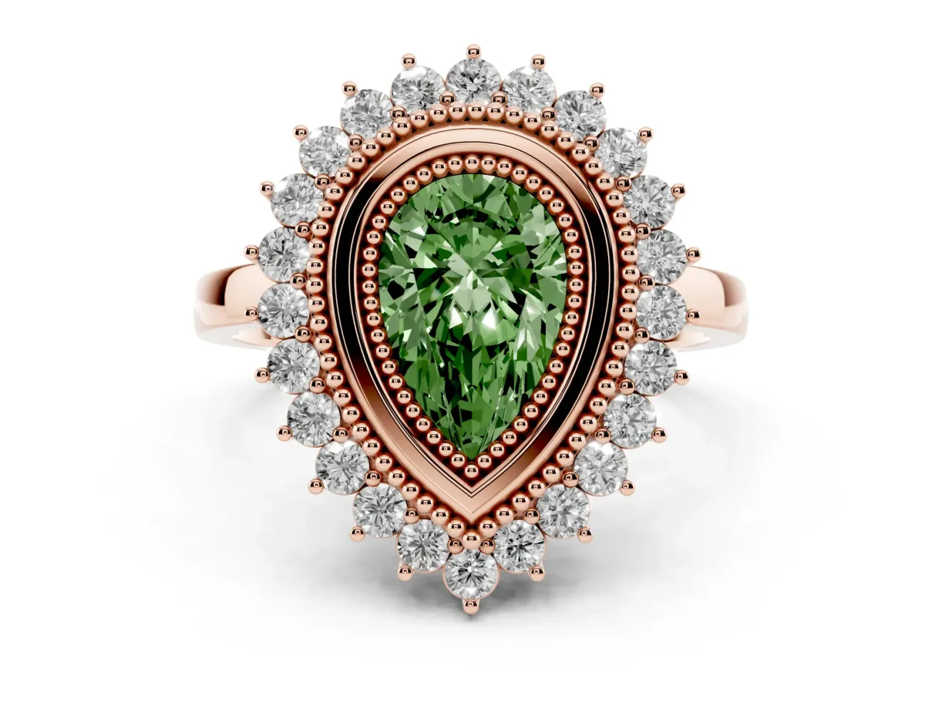 Fancy Green Pear Cut Diamond Halo Ring Set in Rose gold with Milgrain Edge and Round Prong Setting