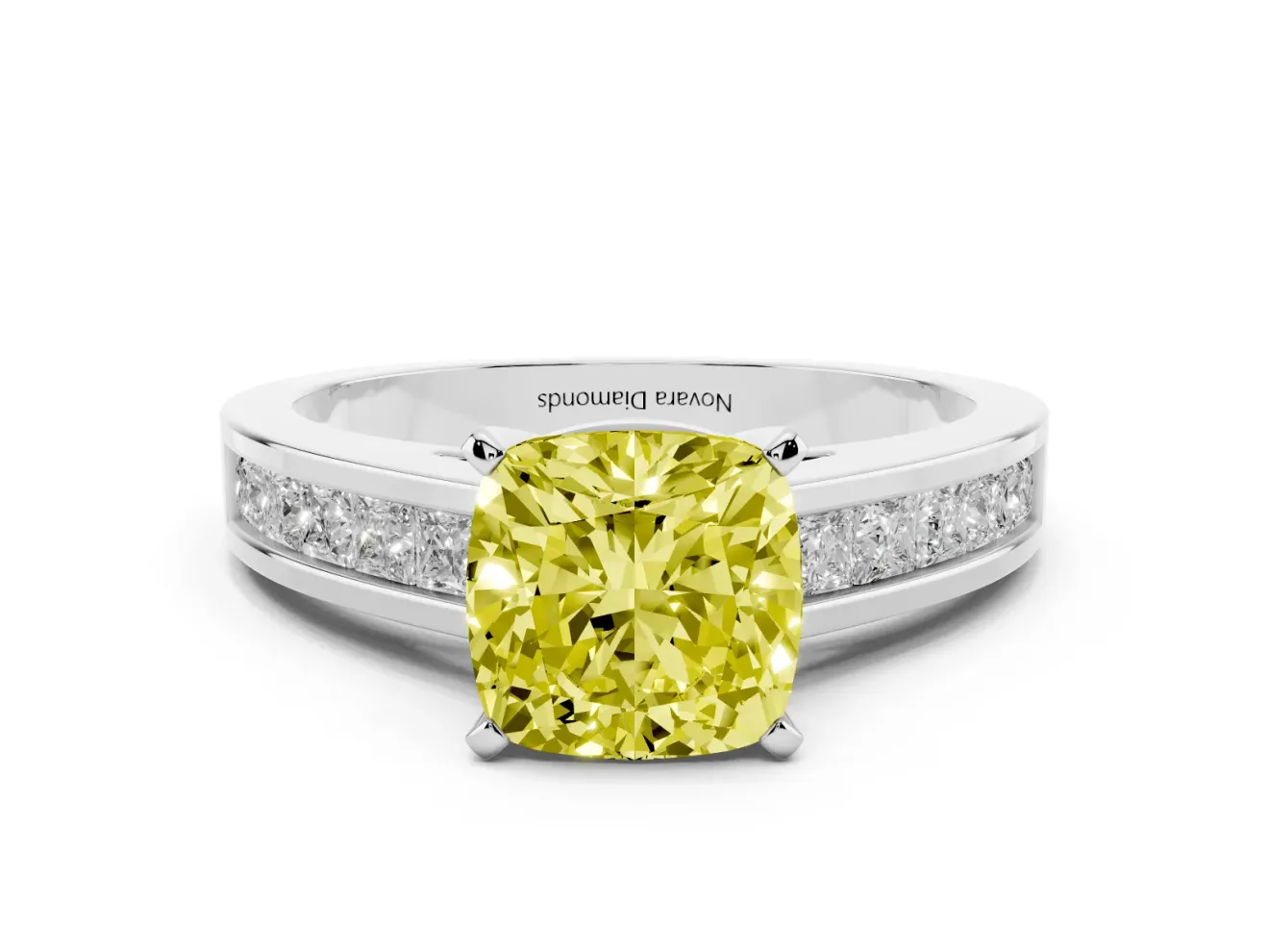Fancy Yellow Cushion Cut Diamond Solitaire Ring Set in Silver with Channel-Set Band and Prong Setting