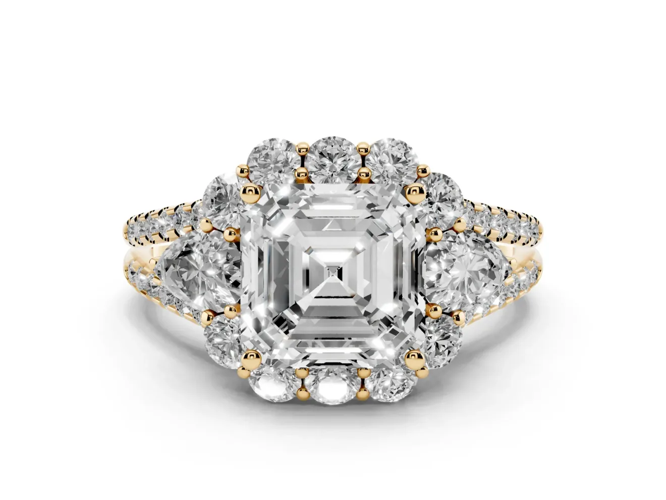 Asscher Cut Diamond Halo Split Shank Engagement Ring Set in Yellow gold with Prong-Held Center Stone