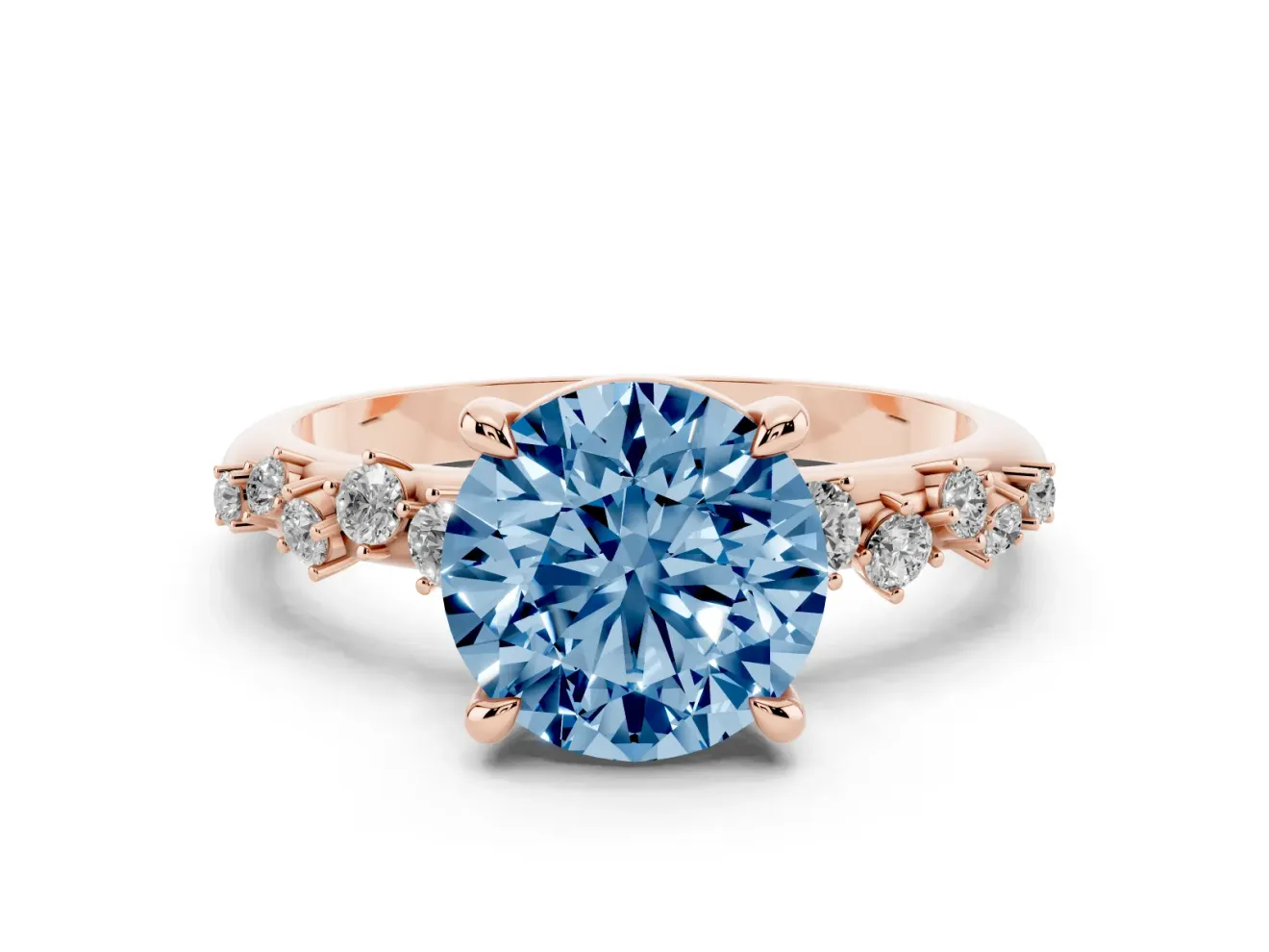 Fancy Blue Round Cut Diamond Solitaire Vine Band Ring Set in Rose gold with Round Accents and Prong Setting