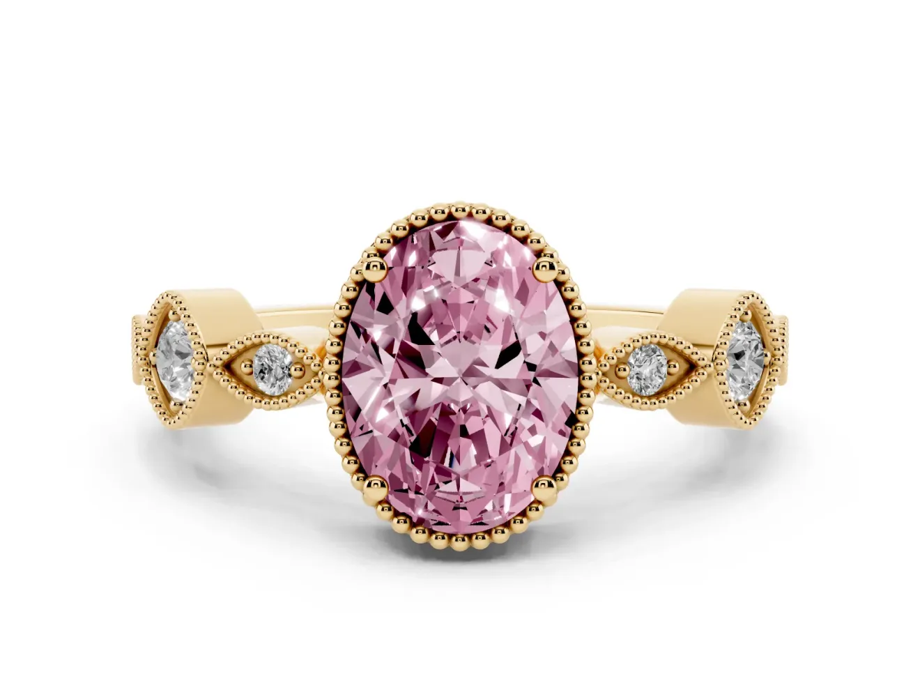 Fancy Pink Oval Cut Diamond Vintage-Inspired Milgrain Ring Set in Yellow gold with Marquise Stations of Round Accents