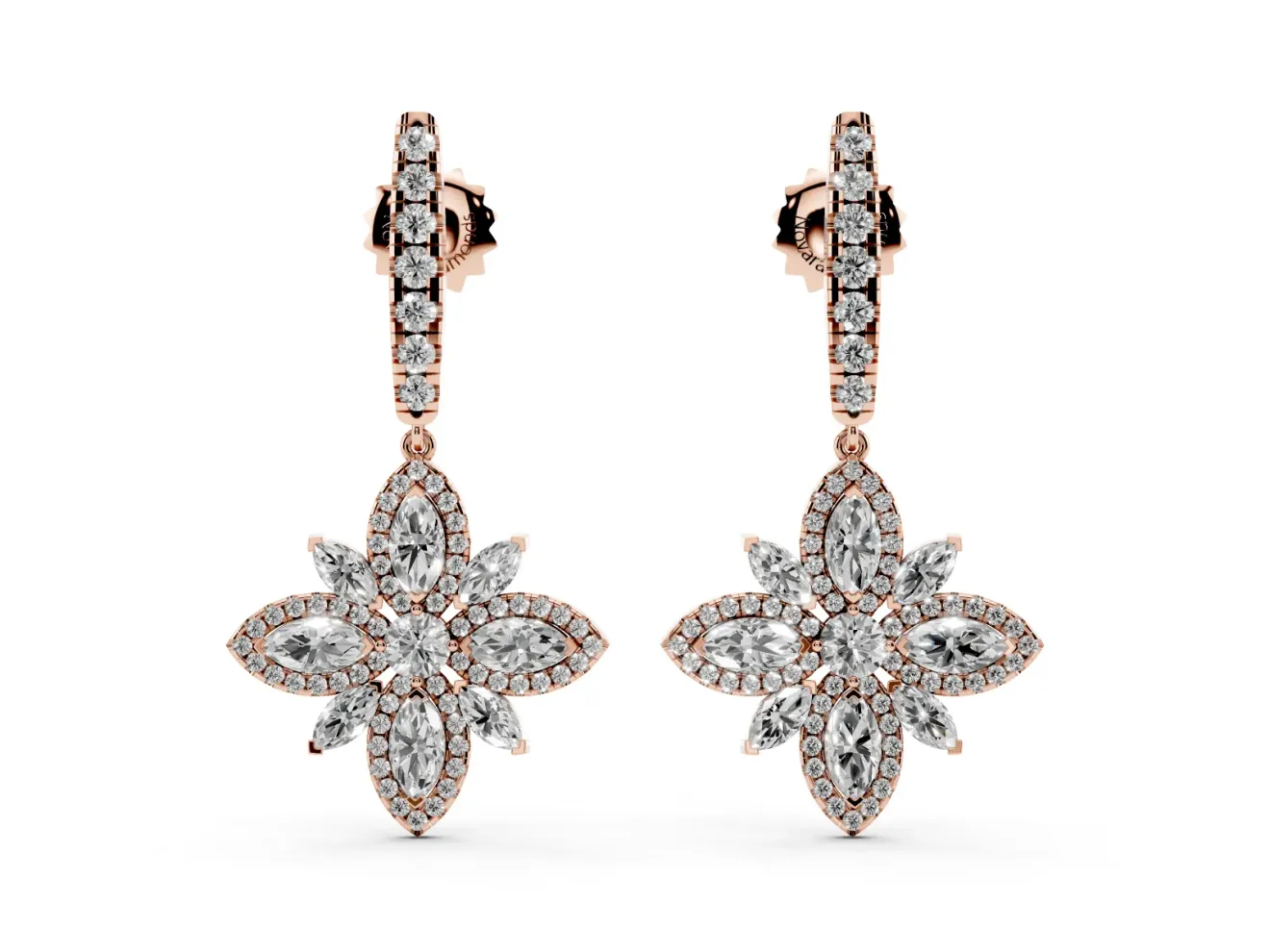 Marquise and Round Lab-Grown Diamond Floral Drop Earrings | Graduated Bar Top | Rose Gold