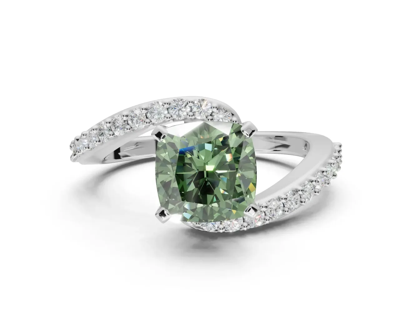 Cushion Cut Bypass Engagement Ring Setting for a Fancy Green Lab-Grown Diamond | Sterling Silver