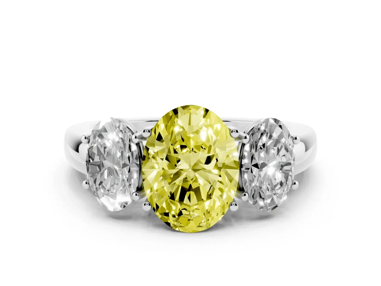 Fancy Yellow Oval Cut Diamond Three-Stone Ring Set in White gold with Bold Center and Classic Band