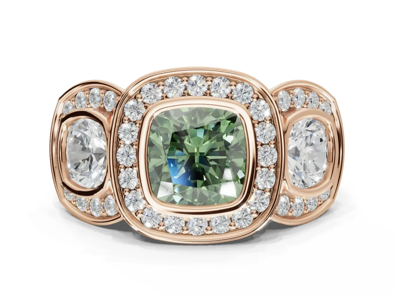 Cushion Cut Three Stone Halo Engagement Ring Setting for a Fancy Green Lab-Grown Diamond | Rose Gold