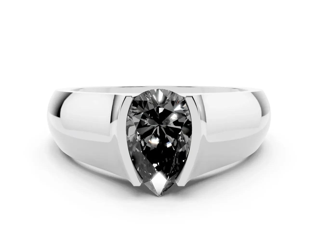 Fancy Black Pear Cut Diamond Bezel Solitaire Ring Set in Silver with Wide Band