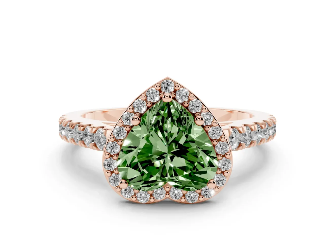 Fancy Green Heart Cut Diamond Halo Engagement Ring Set in Rose gold with Pavé Band and Prong Setting