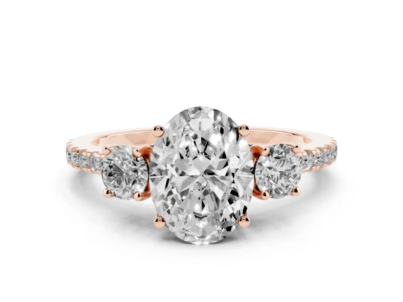 Oval Three Stone Engagement Ring Setting | Pave Shoulders | Rose Gold