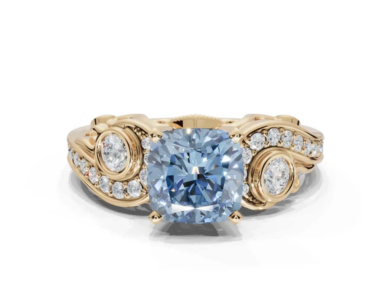 Cushion Cut Swirl Engagement Ring Setting for a Fancy Blue Lab-Grown Diamond | Yellow Gold
