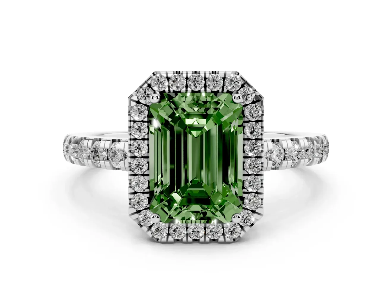 Fancy Green Emerald Cut Diamond Halo Ring Set in Silver with Delicate Pavé Band and Prong Setting