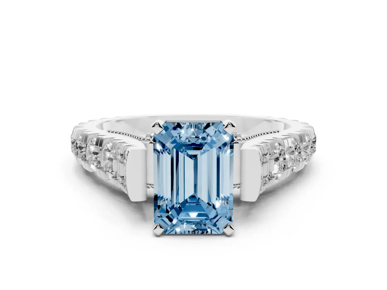 Emerald Cut Graduated Cathedral Engagement Ring Setting for a Fancy Blue Lab-Grown Diamond | Side Stones | Platinum