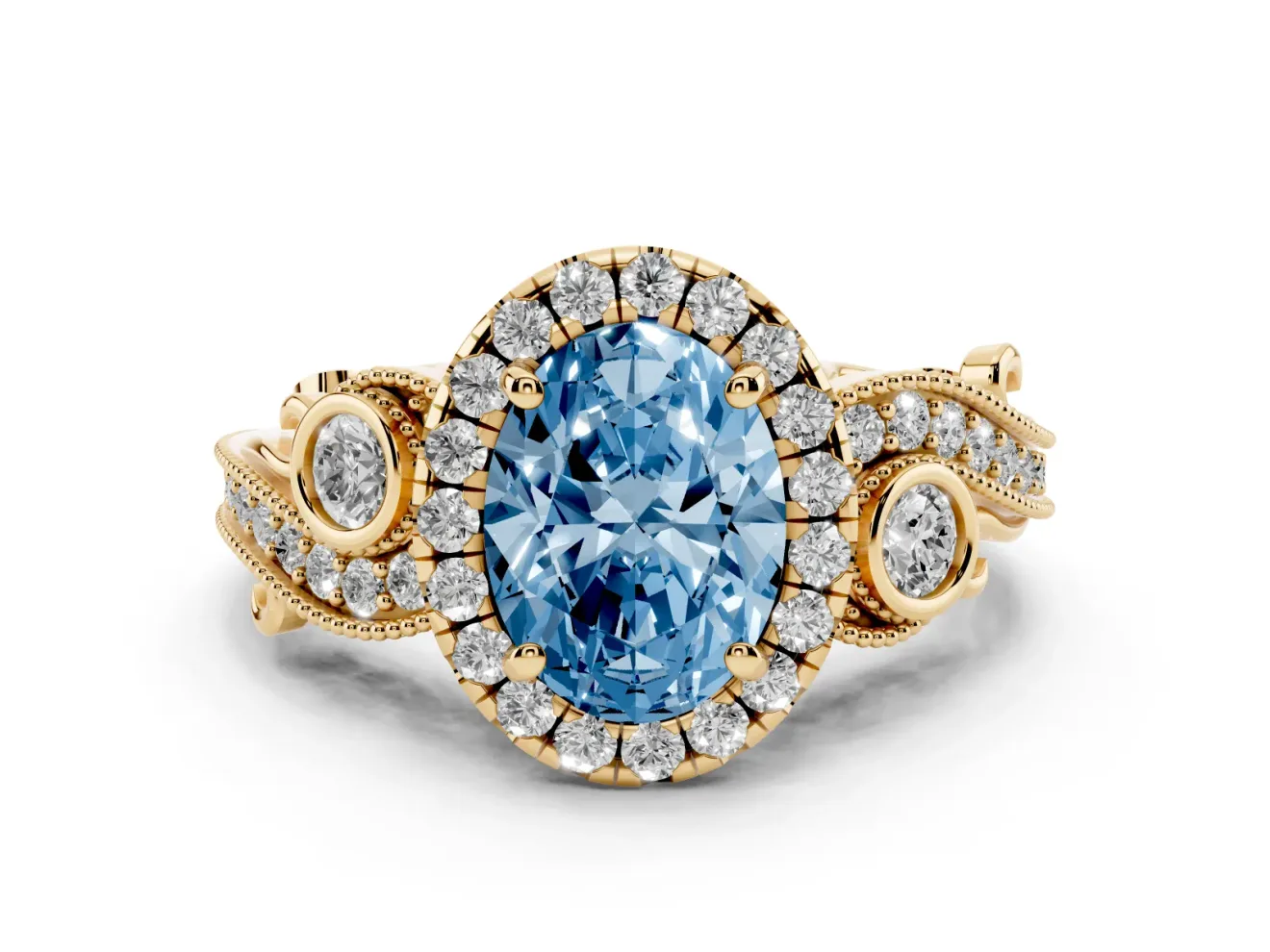 Fancy Blue Oval Cut Diamond Halo Ring Set in Yellow gold with Milgrain Pavé Band and Prong Setting