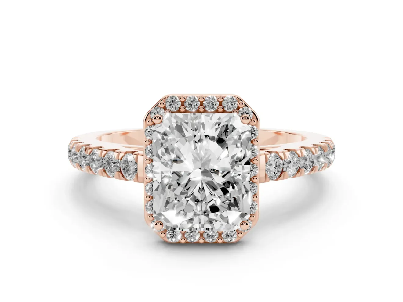 Radiant Cut Halo Pavé Engagement Ring Setting | Single Row Shoulders | Rose Gold