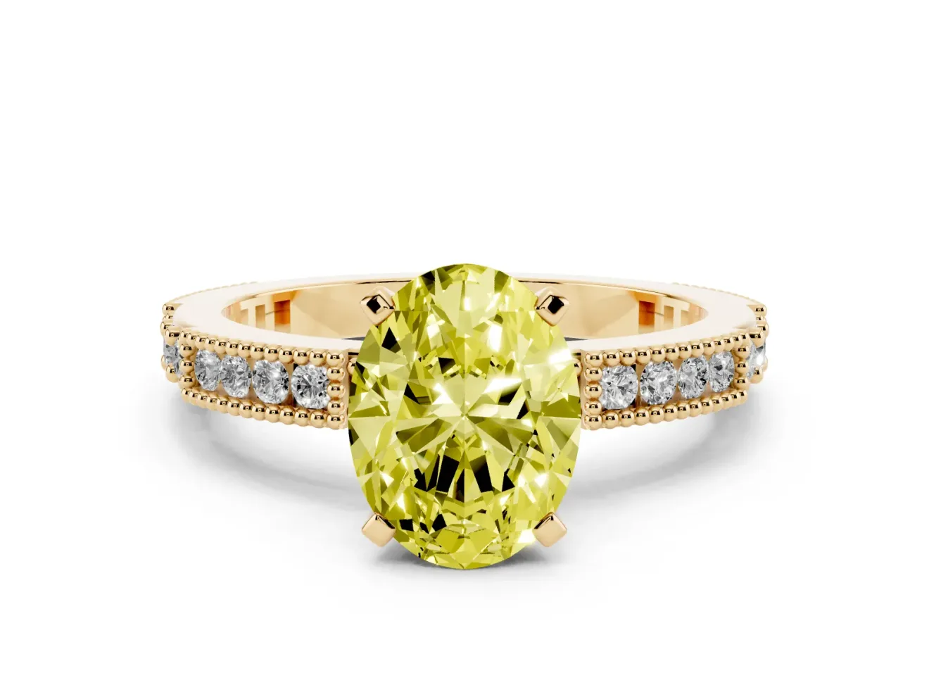 Fancy Yellow Oval Cut Diamond Solitaire Ring Set in Yellow gold with Slim Pavé Band and Prong Setting