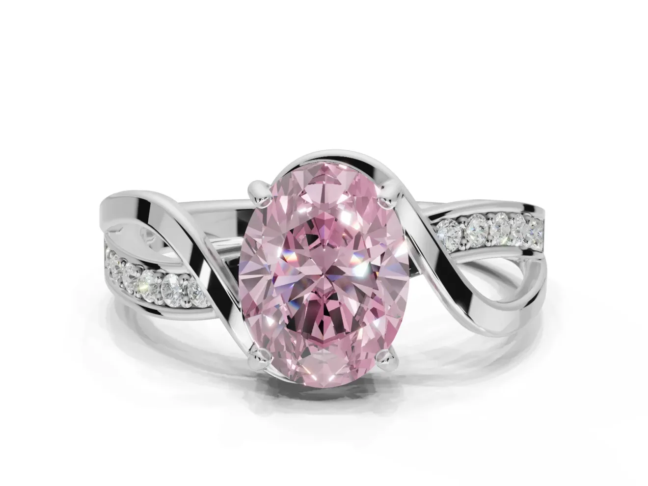 Oval Bypass Solitaire Engagement Ring Setting for a Fancy Pink Lab-Grown Diamond | Pavé Strands | Sterling Silver