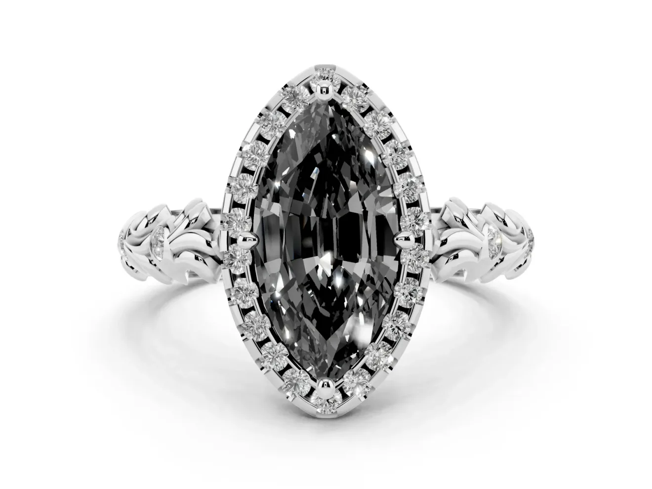 Marquise Leaf Halo Engagement Ring Setting for a Black Center | Bezel Accents | Sterling Silver
