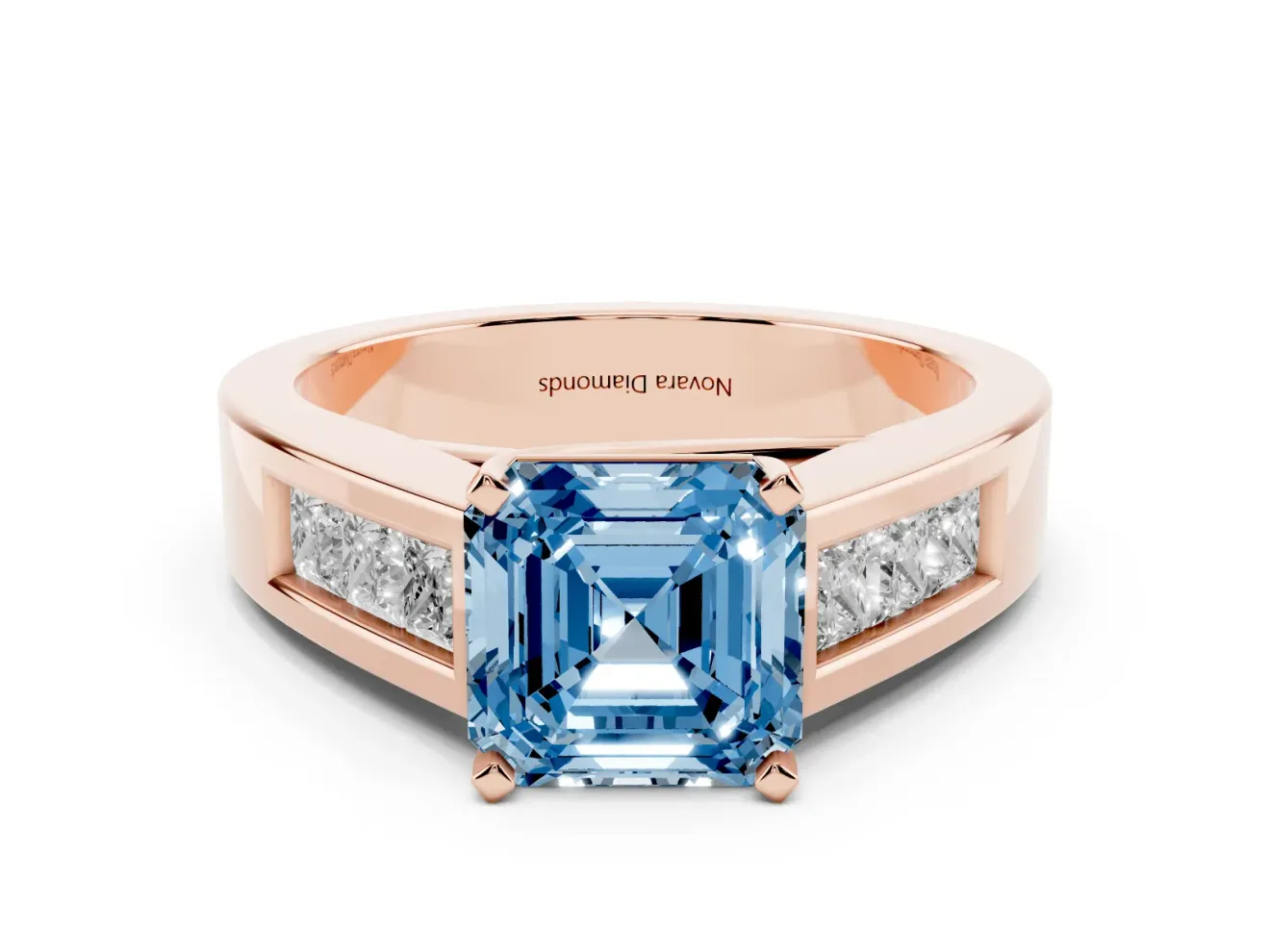 Fancy Blue Asscher Cut Diamond Solitaire Ring Set in Rose gold with Channel-Set Accent Stones and Prong Setting
