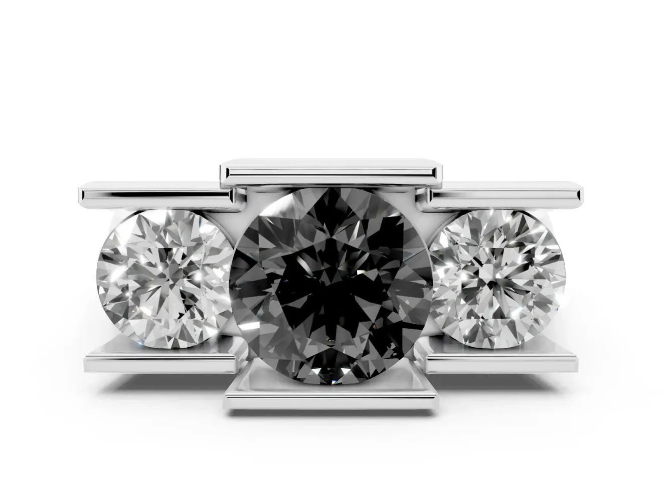 Round Channel-Set Three Stone Engagement Ring Setting for a Black Center | White Gold