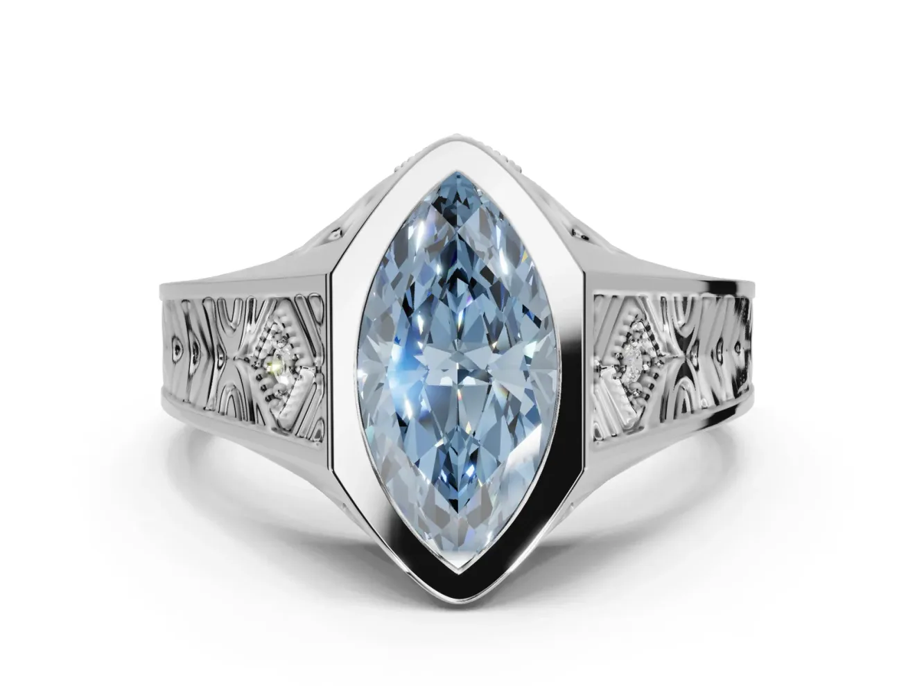 Marquise Vintage Bezel Engagement Ring Setting for a Fancy Blue Lab-Grown Diamond | Engraved Band | White Gold