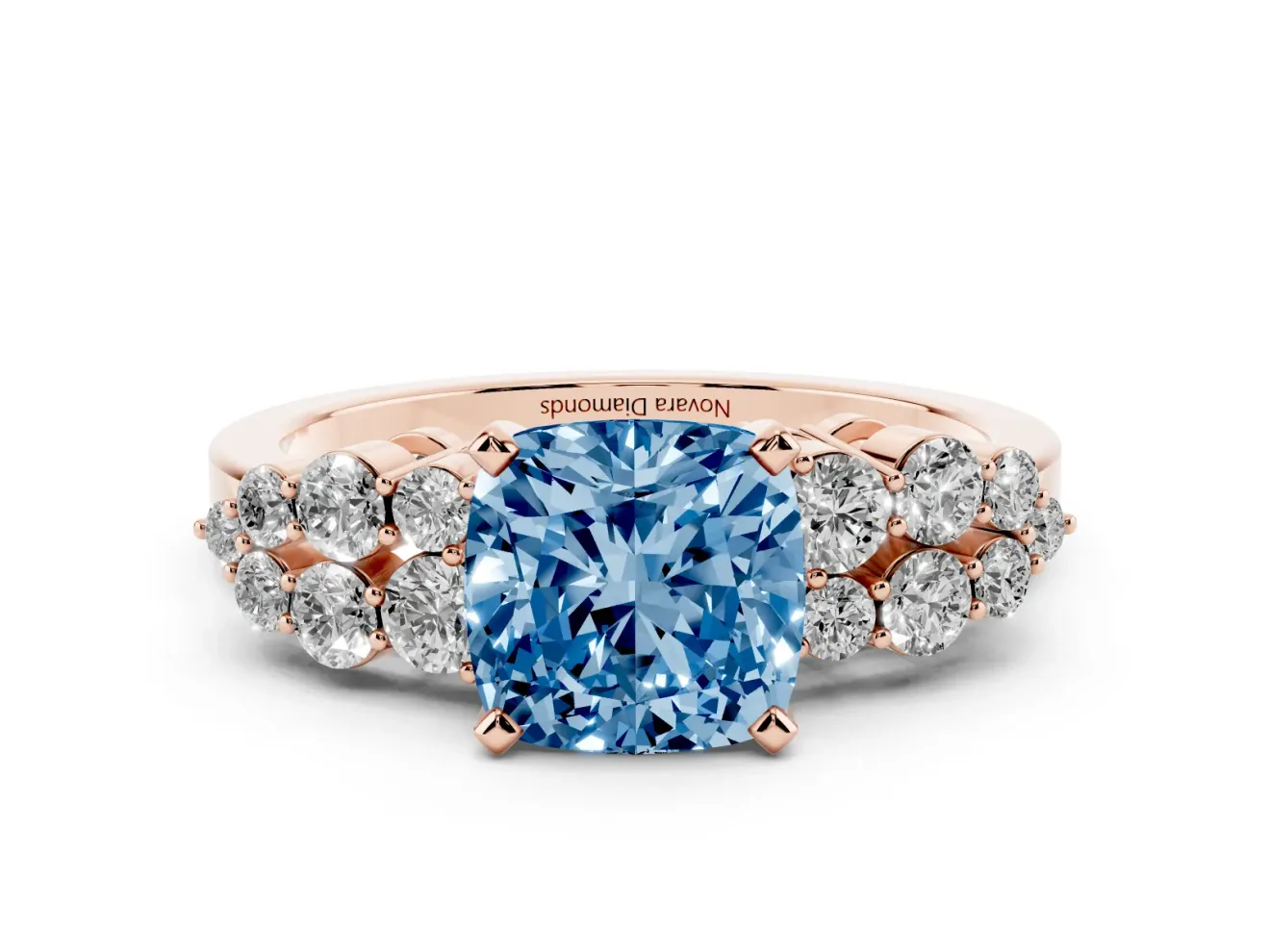 Fancy Blue Cushion Cut Diamond Cluster Engagement Ring Set in Rose gold with Pavé Band and Prong Setting