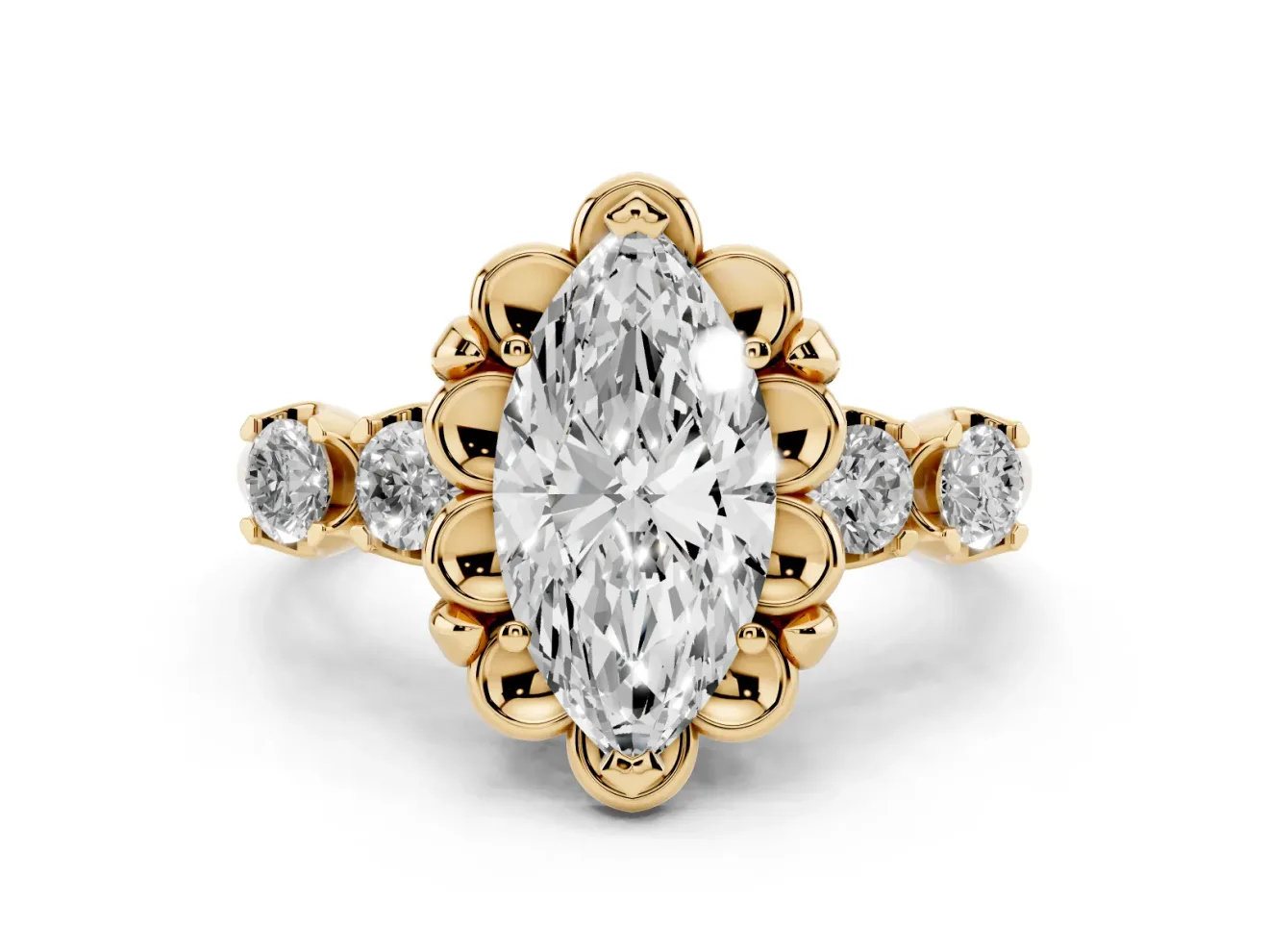 Marquise Floral Engagement Ring Setting | Petal Frame and Side Stones | Yellow Gold
