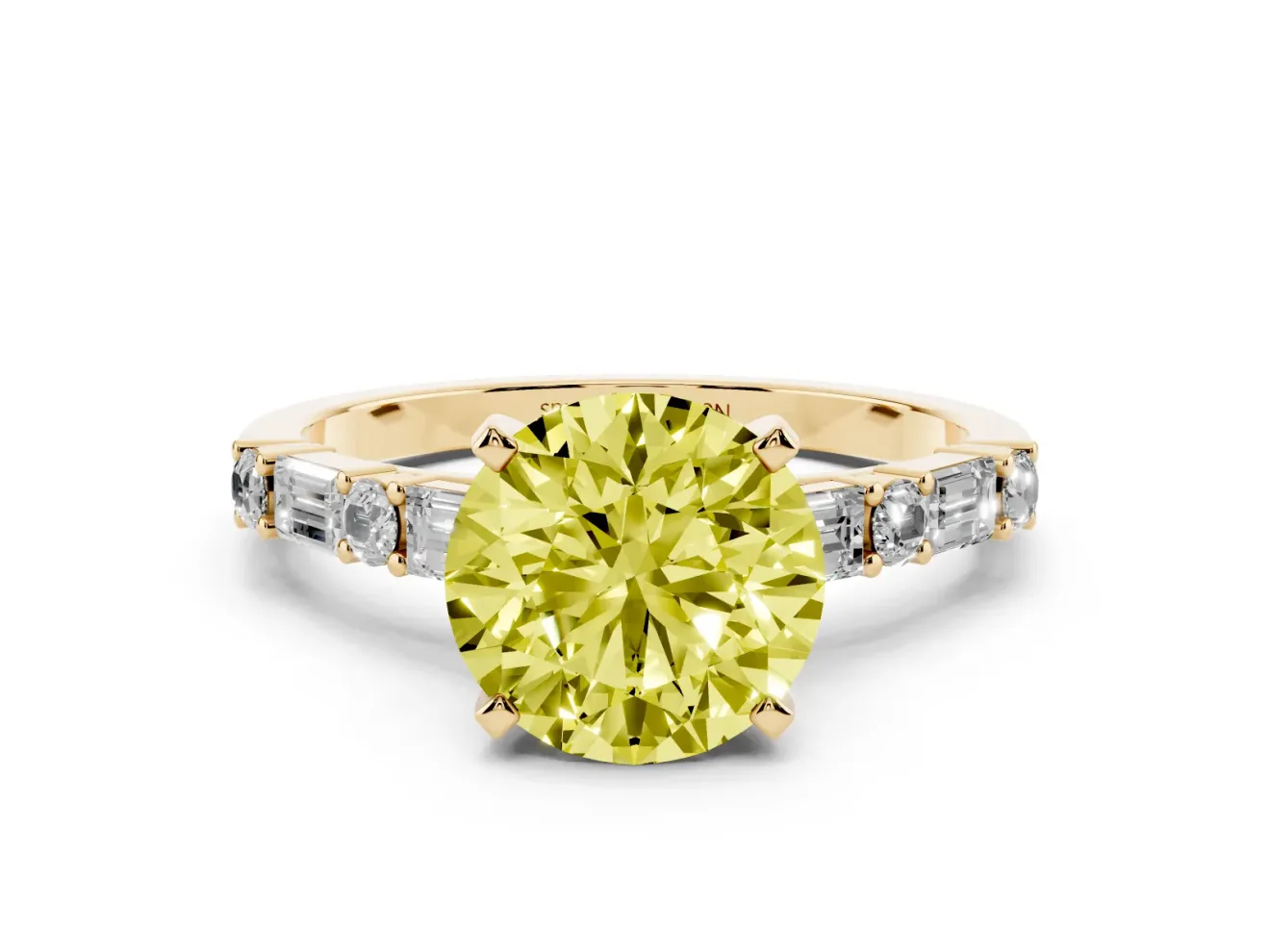 Fancy Yellow Round Cut Diamond Solitaire Set in Yellow gold with Side Baguettes and Channel Set Band