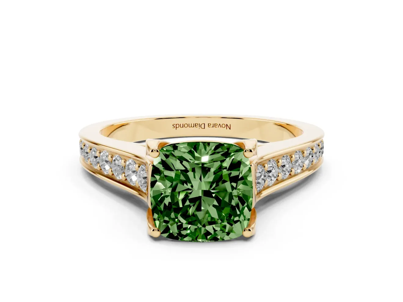 Cushion Cut Graduated Pavé Engagement Ring Setting for a Fancy Green Lab-Grown Diamond | Yellow Gold