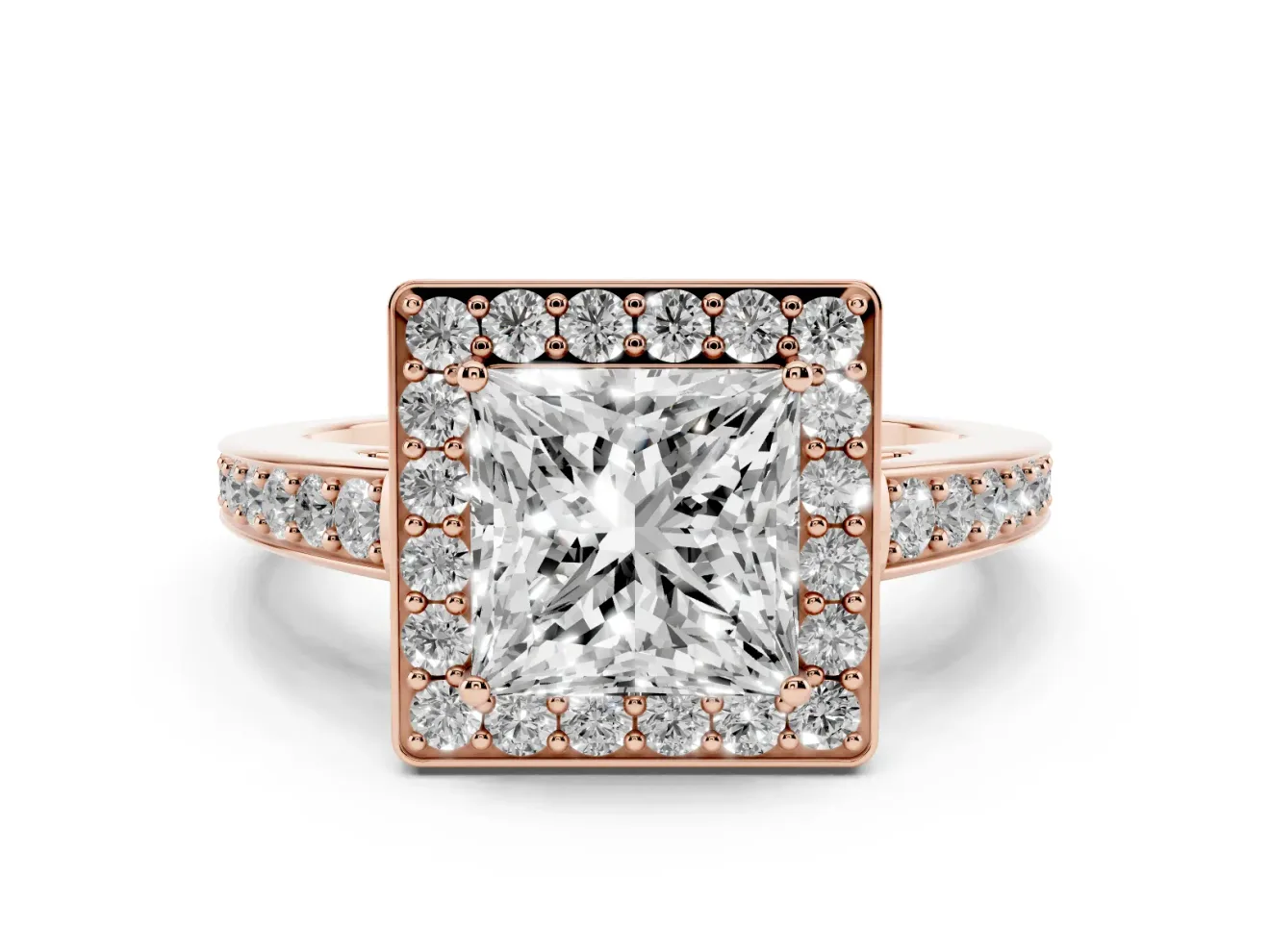Princess Cut Framed Halo Engagement Ring Setting | Graduated Pavé Band | Rose Gold